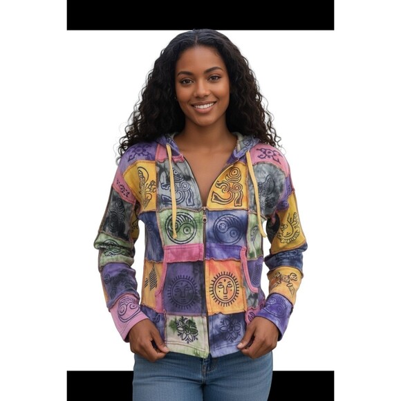 Kathmandu Imports Hoodie Womans Medium Patchwork Jacket Y2k Hippie Boho Artsy - Picture 1 of 9
